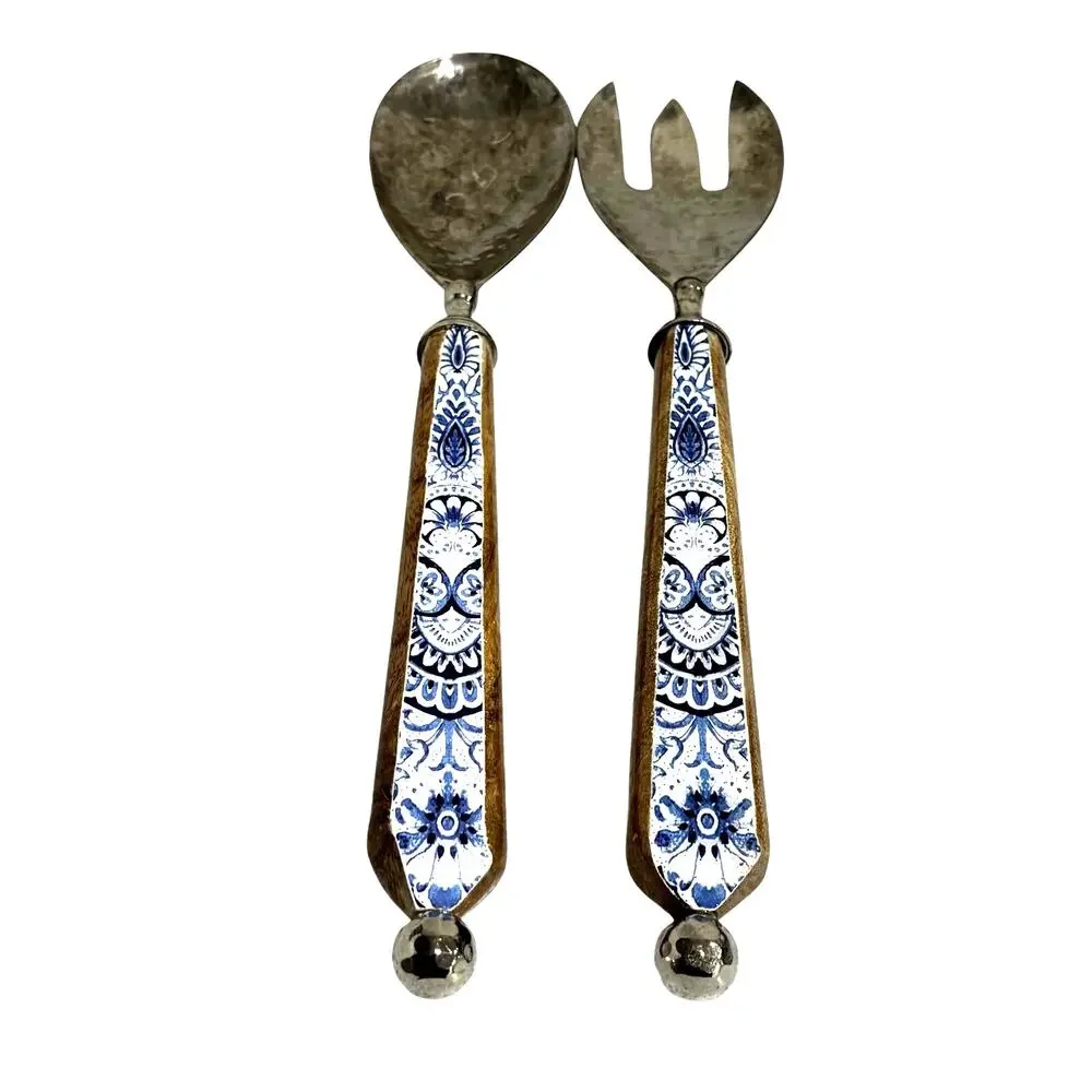 Salad serving fork & spoon wood handle blue & white hammered silvertone 2-pc set